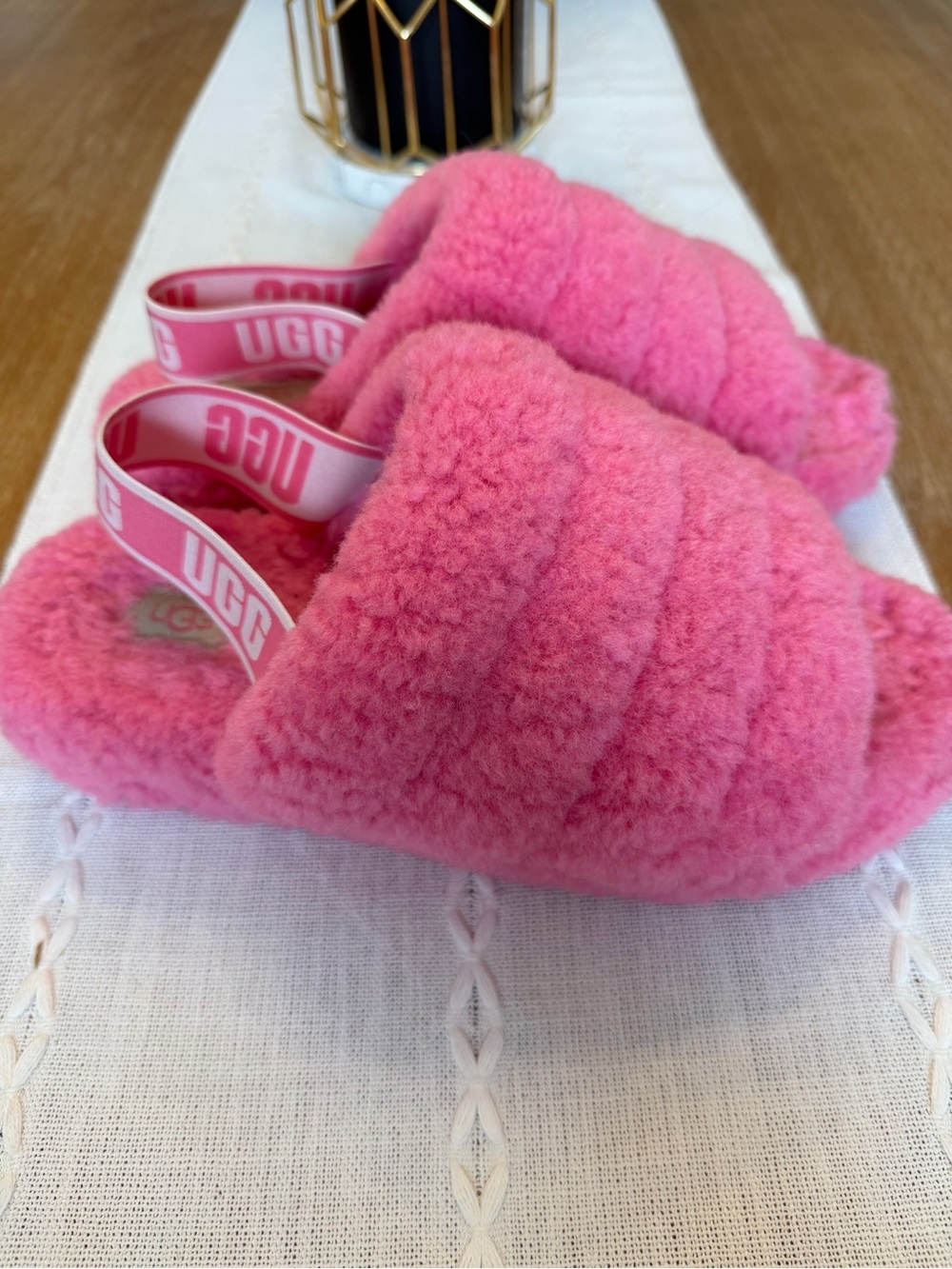 UGG Pink Fluff Slide with Branded Back Strap